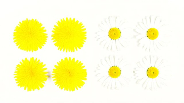 白い背景いっぱいに広がる鮮やかな黄色のタンポポとデイジーの花々が明るい陽気と元気を届ける全面フラットレイの全景