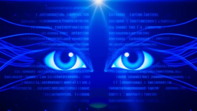 暗闇の中で強い光を放つ青い瞳と前後に交差する光のコードがドラマチックな奥行きとミステリアスな雰囲気を作り出す映画的サイバー空間