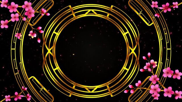 繊細に描かれた金色の伝統幾何学丸紋の質感と周囲を舞い散る桜の花びらの輝きが際立つ洗練された格調高いモチーフ