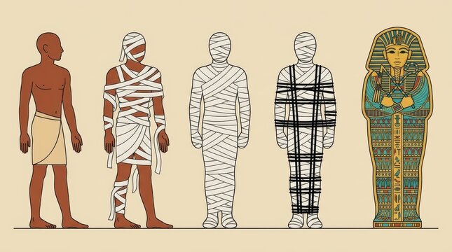 Ancient Egyptian mummification process diagram showing the step-by-step transformation from a living person to a royal sarcophagus burial for historical education.