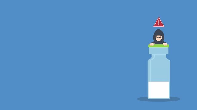 Fake peptide vial. Peptide with criminal selling illegal drugs. Fake drugs, pharmaceutical. Symbolic for harmful counterfeit pills, risk and danger of illegal produced and sold pharmaceuticals.