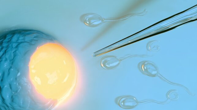 A medical illustration of in vitro fertilization with a glowing egg and sperm cells