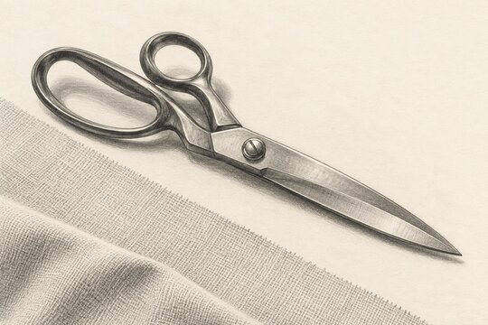 Graphite drawing of closed dressmaking shears beside a cut edge of woven fabric