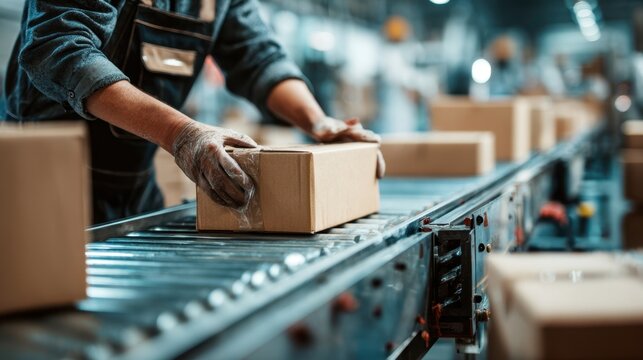 Worker seals cardboard subscription boxes with packing tape as parcels move along a warehouse conveyor for rapid order fulfillment.