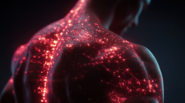 Detailed medical visualization showing red glowing dermatomes mapping painful nerve pathways and viral inflammation spreading across male back during shingles infection