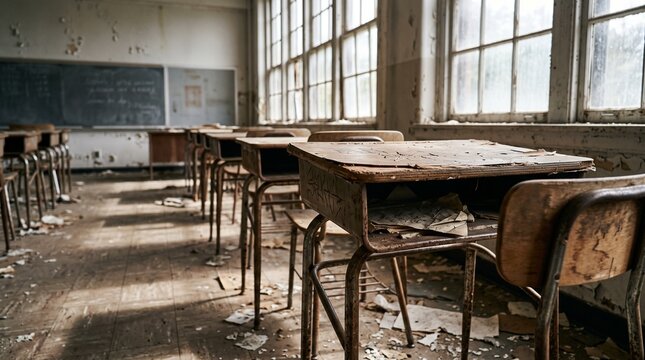Empty school classroom with broken desks and chairs in an abandoned interior with dusty windows and damaged furniture. Symbolizes neglect, education crisis, urban decay, and social inequality.  