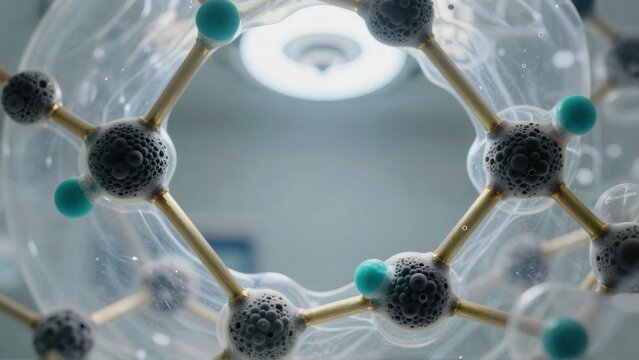 close molecular structure structure appears multiple interconnected spheres rods spheres black round rods gold background blurred seems laboratory laboratory setting overall color scheme blue green