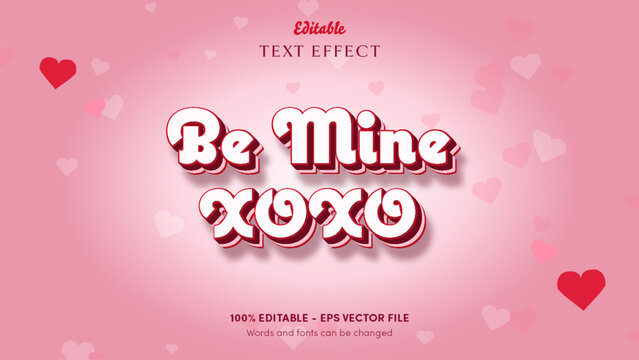 Be mine XOXO editable retro sticker text effect with white script, cherry red keyline and blush pink band
