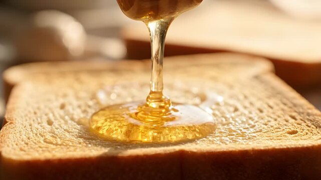Golden honey pouring from a wooden dipper onto toasted bread slice