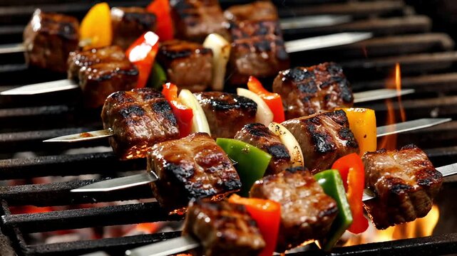Beef kebabs with vegetables grilling over open fire
