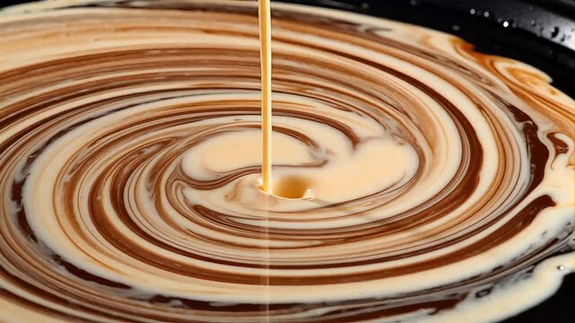 Cream pouring into melted chocolate creating swirl pattern