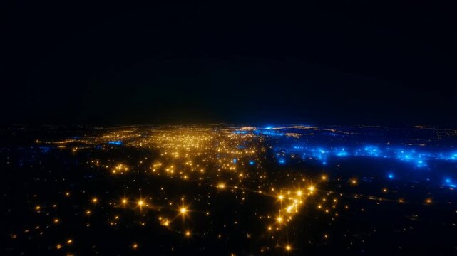 静寂な漆黒の夜空と眩爛たる黄金色の都市の光が交差し幻想的な空気感と深い奥行きを醸し出すドラマチックな夜景世界