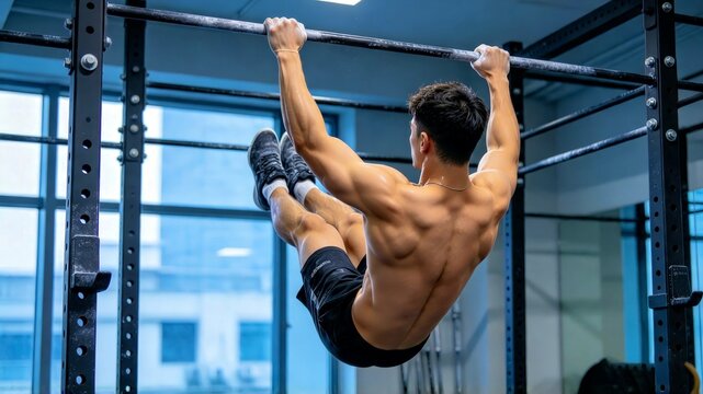 Shirtless athlete hanging from a gym rig while raising his legs for core training advertising.