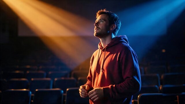 Man in a red jacket standing under a theater spotlight for cinematic lifestyle and editorial use.