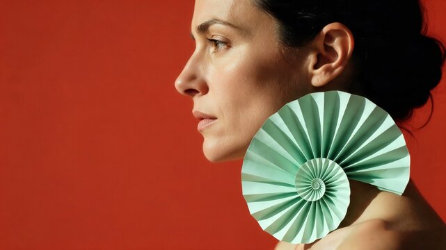 Woman in profile holding a green spiral fan against a red backdrop for fashion beauty advertising.