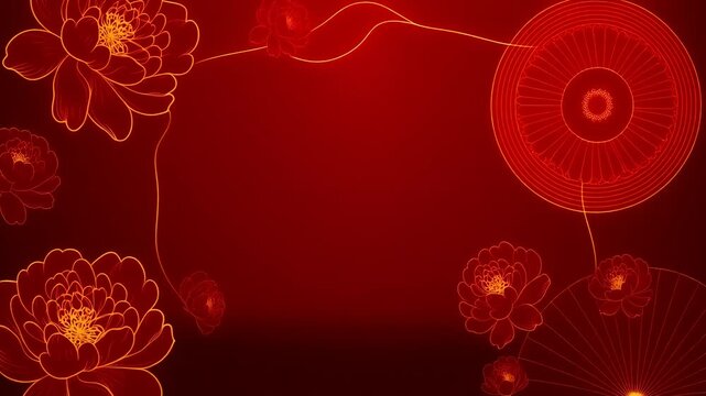 朱赤の空間に浮かび上がる金色の繊細な牡丹の線画と光の陰影が幻想的で洗練された奥行きを演出するモダン和風デザイン素材