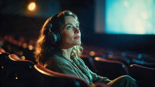 Woman wearing headphones inside a car at night with city lights for lifestyle editorial campaigns.