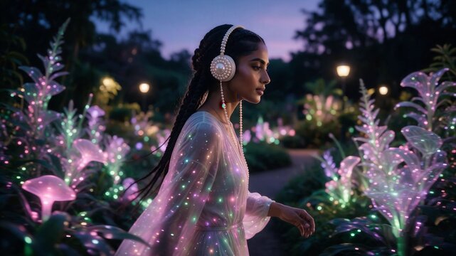 Woman with headphones among glowing flowers in a magical night garden for lifestyle editorial use.