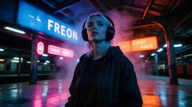 Woman in a dark coat looking upward on a neon city street at night for urban lifestyle marketing.