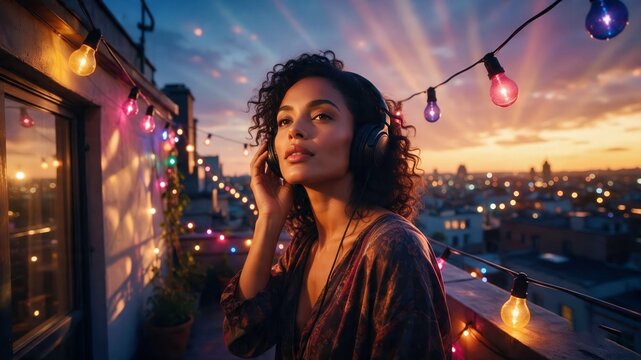 Woman on a balcony at golden sunset with string lights and a city view for travel lifestyle marketing.