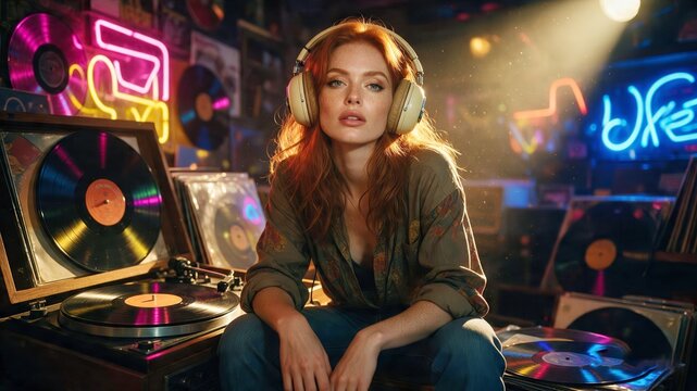 Young woman seated beside neon signs and music gear at night for urban lifestyle marketing scenes.