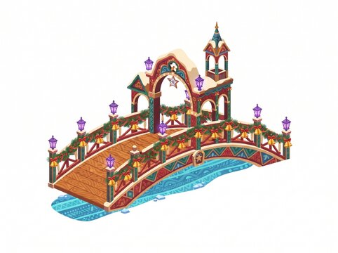 Isometric illustration of a decorated Christmas bridge over a frozen river.