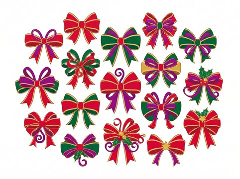 Set of decorative Christmas bows in various colors and styles.