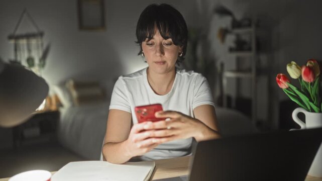 Woman scrolling a smartphone and typing at a laptop on a bedroom desk in a building; late night concentration.