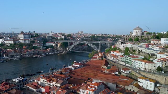 Wide Aerial View of the Douro and Porto's Dom Lu&iacute;s I Bridge