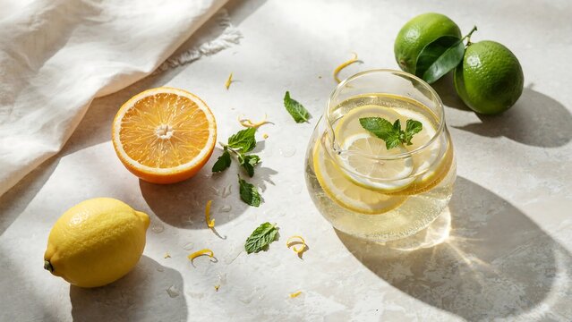 Fresh Lemonade Pitcher with Citrus Fruit Slices and Mint Leaves Overhead Flat Lay Composition