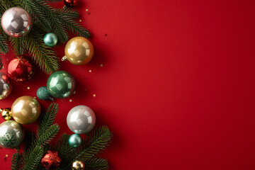 Christmas and New Year ornaments frame red copy space for holiday greetings © ActionGP