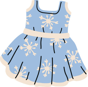 Cute blue girls party dress decorated with white snowflakes and a full skirt. Winter costume illustration for children's holiday outfits, dress-up themes and seasonal fashion designs.