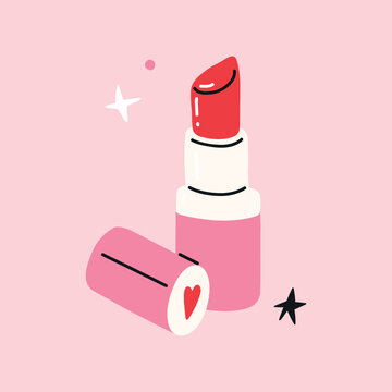 Cute hand drawn lipstick illustration in pink and red with a heart detail. Feminine beauty and makeup artwork for cosmetics branding, beauty content and fashion designs.
