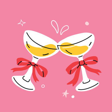 Cute hand drawn champagne glasses with red bows, yellow drinks and sparkles. Romantic celebration illustration for wedding stationery, anniversary cards and party designs.