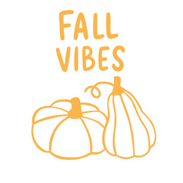 Fall Vibes hand lettering with outlined pumpkins in warm autumn colors. Minimal seasonal illustration for Thanksgiving cards, harvest posters, fall apparel and cozy home decor.