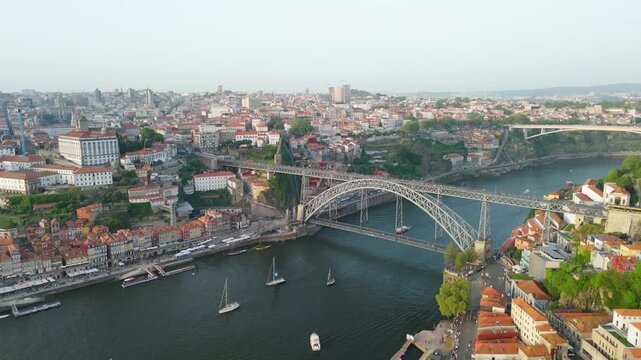 Boats on the Douro Beneath Porto's Dom Lu&iacute;s I Bridge