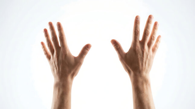 Two hands are raised upwards with fingers spread against a bright white background, suggesting a greeting or celebration.