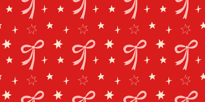 Hand drawn ribbon bow and star seamless pattern vector background. Flat red coquette naive repeat texture for christmas wrapping paper, valentine and fabric packaging. 