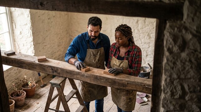Diverse couple wearing work aprons sanding a rustic wooden beam together during a home renovation project in an old stone cottage