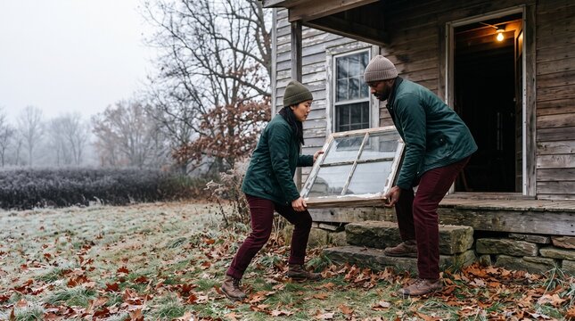 Multiethnic couple in warm clothing carrying an old wooden window frame together outside a rustic wooden house during a frosty autumn morning renovation