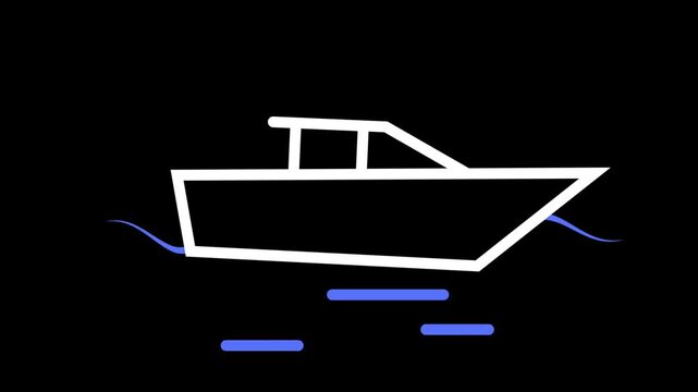 Animated white boat icon floating on blue neon waves with a dark black background. Ideal for modern travel, marine, nautical transport vector graphic projects.