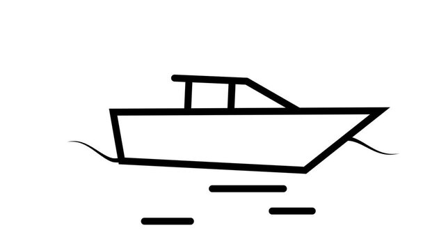 Minimalist black boat line icon outline sailing smoothly on water waves on a clean white background. Perfect for simple marine, naval, and journey designs.