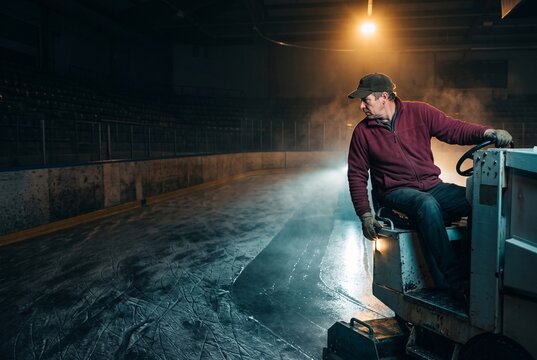 Middle aged male worker driving an ice resurfacer machine to smooth and clean the scratched surface of an indoor hockey rink