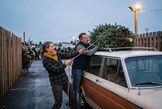 Happy middle aged couple tying a fresh Christmas tree to the roof rack of a vintage station wagon car at a tree lot in the evening