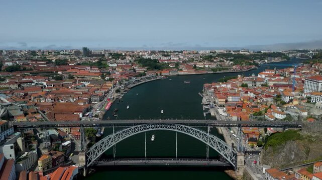An aerial shot of the Dom Lu&iacute;s I Bridge Spanning the Douro Between Porto and Gaia
