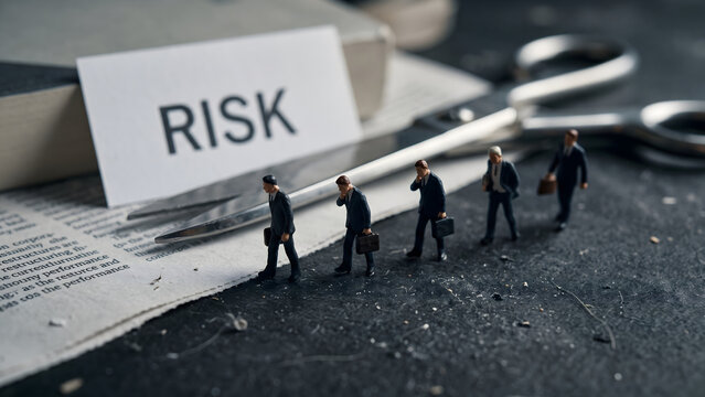 Conceptual image of risk management, with tiny businessmen walking towards scissors cutting a paper
