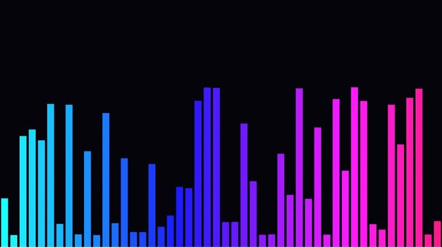 Colorful audio equalizer bars moving rhythmically on a dark black
