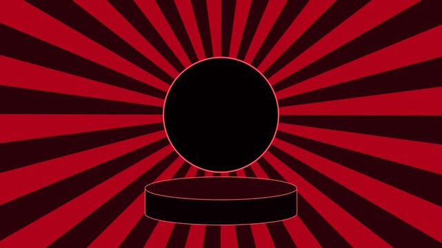 Red sunburst background with black circular podium and oval frame for