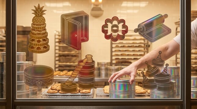 Bakery production and pastry management concept, hands interacting with icons of pineapple cakes, baking oven, rolling pin and cookie tins, confectionary business workflow