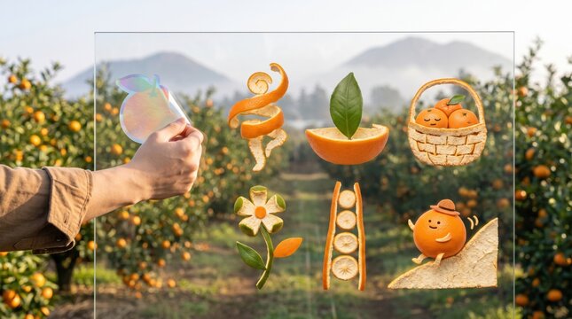 Lunar New Year celebration concept, hand interacting with holographic icons of mandarin oranges and citrus fruit, harvest festival, traditional Asian holiday, abundance and prosperity